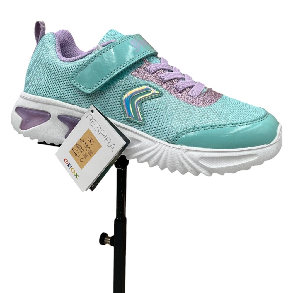 Geox Youth Big Girls J Assister Light-Up Sneakers Size 5 Aqua Lilac Slip-on